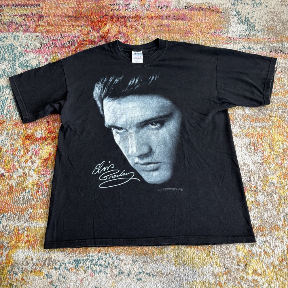 Vintage 1999 Elvis Presley Graphic T-Shirt Mens XL Black Portrait Signature